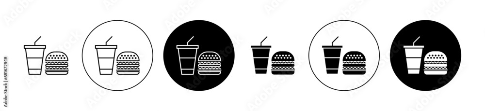 Wall mural unhealthy fast food vector icon set. junk foodstuff symbol. hamburger and beverage drink fast food s