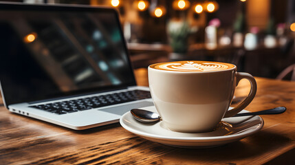 coffee mug on a clean, modern desk, with a laptop on office table