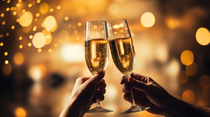 Celebration. New year's eve. Anniversary or valentine's day. Close up of hands holding champagne glasses toasting over golden bokeh background - obrazy, fototapety, plakaty