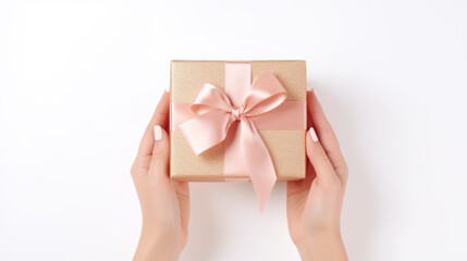 overview of hands holding present with bow over white background