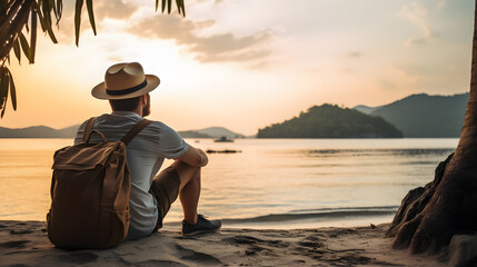 Modern traveler with straw hat & backpack sitting on a tropical beach contemplating the calm sea & the small islands at sunset. - obrazy, fototapety, plakaty