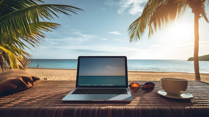 Remote work from a tropical beach: laptop, sunglasses, & white cup on a beachfront rattan table facing the ocean between palm trees.