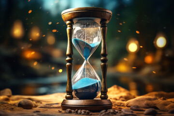 A vintage hourglass with sand slowly trickling down, marking the passage of time into the new year. Concept of temporal transition. Generative Ai. - obrazy, fototapety, plakaty