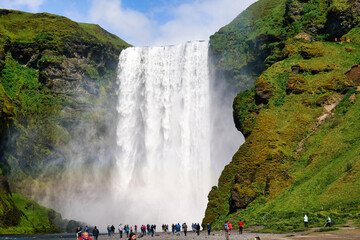 Skógafoss is a waterfall on the Skógá River in the south of Iceland at the cliff marking the...
