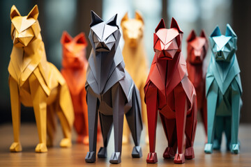 A group of colorful origami animals delicately folded and displayed, showcasing the artistry of paper folding. Concept of precision and craftsmanship. Generative Ai.