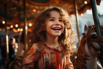 Adorable little blonde girl in summer dress at amusement park having a ride on the merry-go-round. Child girl has fun outdoor on sunny summer day. Entertainment concept