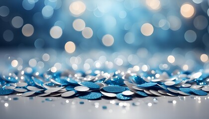 blue and silver abstract glitter confetti bokeh background, Christmas sequins bokeh background. Blur glitter confetti texture. New year iridescent empty template. Winter sparkling pattern.  - obrazy, fototapety, plakaty