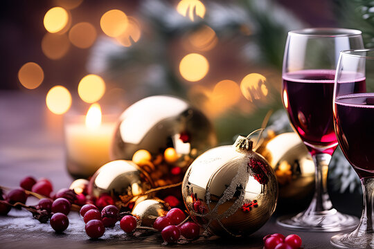 Image with Christmas decorations and wine glasses for card or wallpaper.