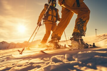 Fototapeta premium A couple of people skiing down a snow-covered slope. This image can be used to depict winter sports and outdoor activities