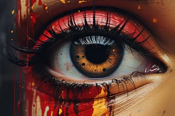 Deurstickers A close-up view of a person's eye with blood on it. This image can be used to depict various concepts such as injury, pain, violence, horror, or medical emergencies © Fotograf