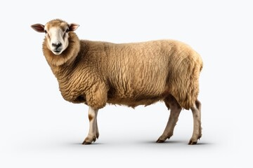 A sheep standing in front of a plain white background. Suitable for various uses