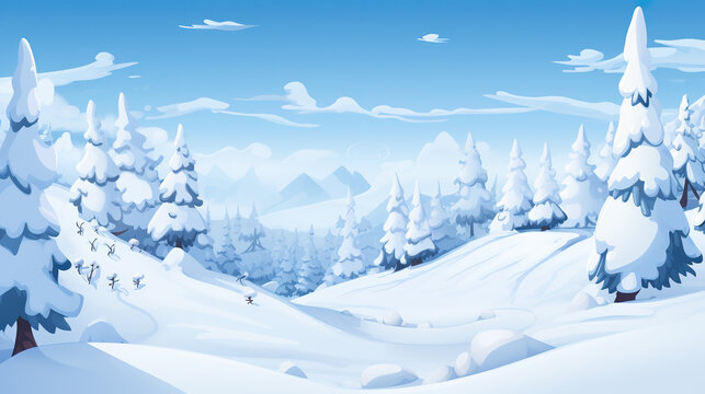 anime manga inspired cartoon winter wallpaper, trees full of snow
