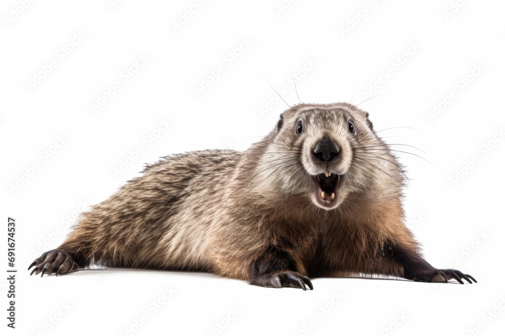 Poster a brown and black animal is pictured laying down on a white surface. this versatile image can be use