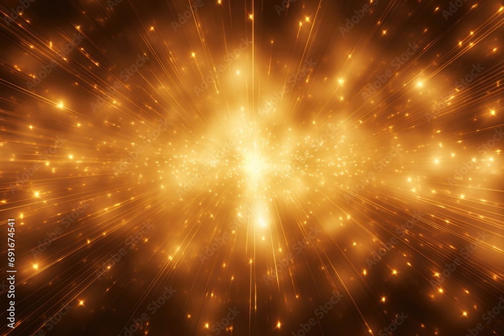 Poster A stunning image capturing a golden explosion of light in a dark room. Perfect for adding a touch of warmth and brightness to any design.