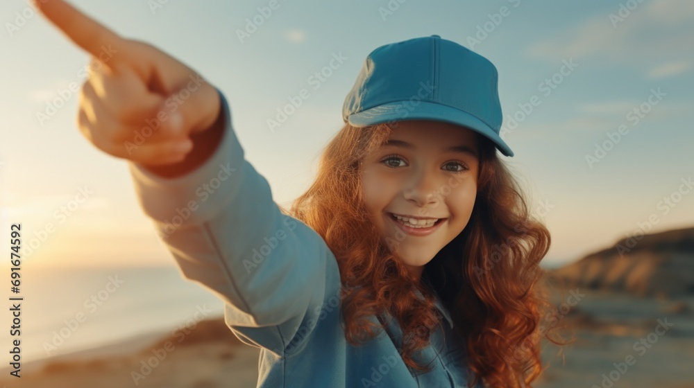 Poster A girl pointing directly at the camera. This image can be used to convey a sense of connection or engagement with the viewer