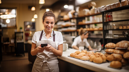 Bakery owner using a cell phone and smiling