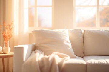 A white couch and a table in a cozy living room. Suitable for home decor and interior design projects