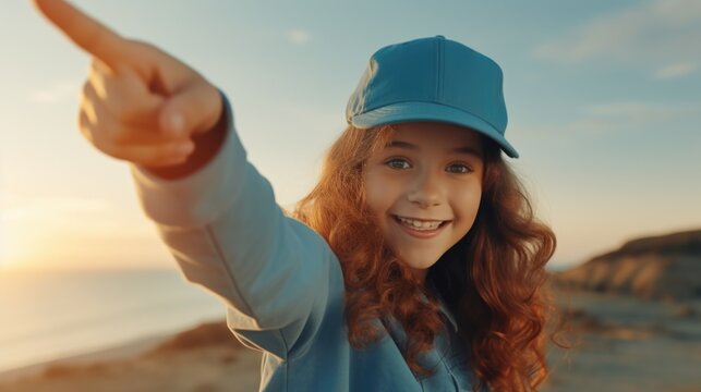 A girl pointing directly at the camera. This image can be used to convey a sense of connection or engagement with the viewer