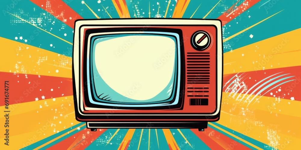 Poster an old fashioned television set placed on a vibrant and colorful background. this image can be used 