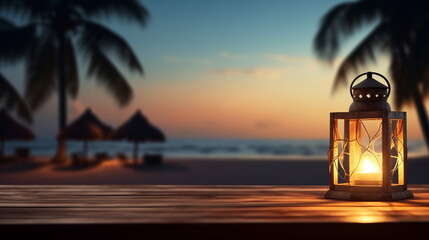 Wooden tabletop  with burning candle lantern. Evening tropical hotel beach at the background. Copy space. - obrazy, fototapety, plakaty
