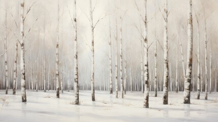  a painting of a snow covered forest with trees in the foreground and snow on the ground in the foreground, with a gray sky and clouds in the background. - obrazy, fototapety, plakaty