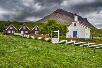 Hrafnseyrarkirkja church. Hrafnseyri. Westfjords. Iceland - obrazy, fototapety, plakaty