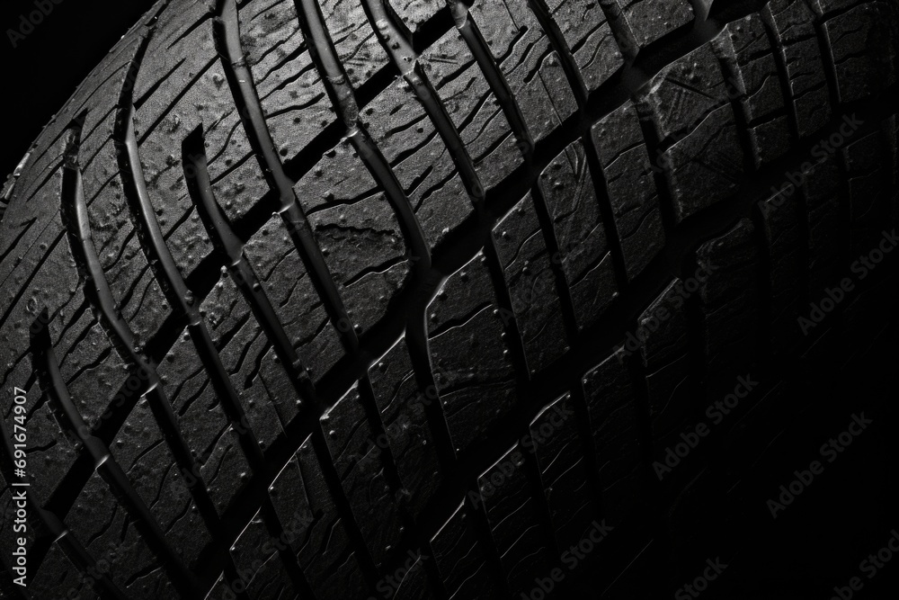 Poster a close up view of a tire on a black background. suitable for automotive and transportation-related 