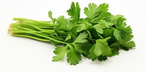 A bunch of fresh parsley placed on a clean white surface. This image can be used to enhance recipes, cooking blogs, or for illustrating healthy eating habits