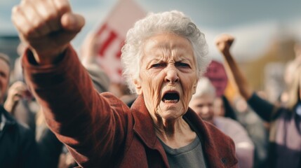 An empowering image of an elderly woman showing strength and determination by raising her fist. Perfect for inspiring messages or advocating for causes related to empowerment and activism - obrazy, fototapety, plakaty