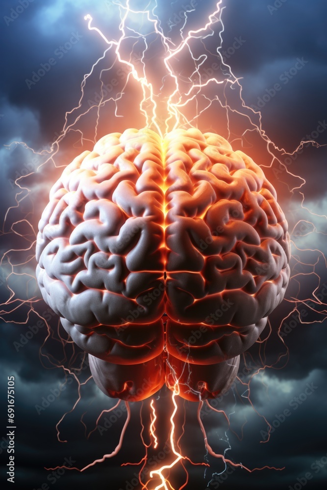 Poster a picture of a brain with lightning coming out of it. this image can be used to depict creativity, i
