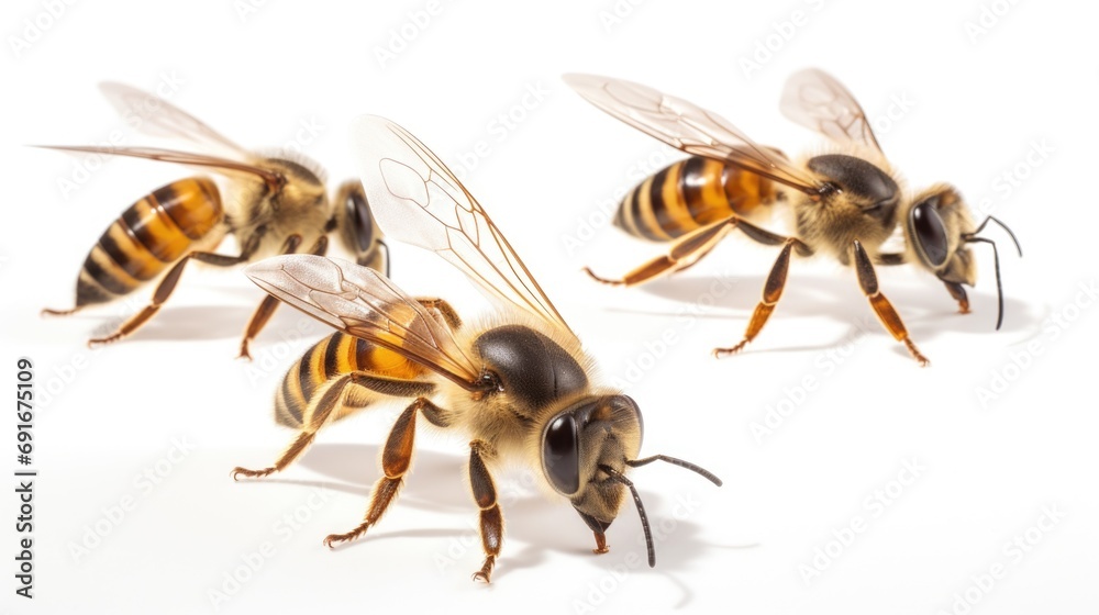 Poster a group of bees gathered on a white surface. perfect for illustrating the behavior and appearance of