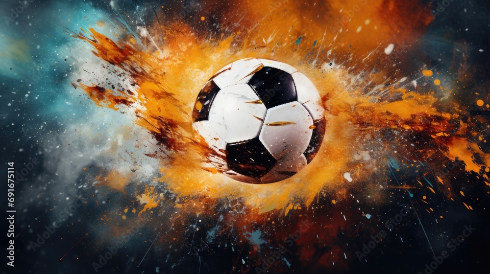 Poster A dynamic image capturing a soccer ball exploding through the air. Perfect for sports-related projects and designs