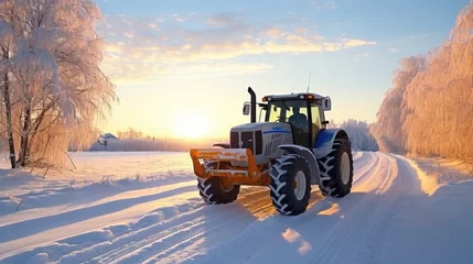 Zelfklevend Fotobehang A tractor driving down a snow-covered road. This image can be used to depict winter transportation or rural winter landscapes © Fotograf