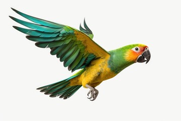 Fototapeta premium A parrot flying in the air with its wings spread. Suitable for nature, wildlife, and tropical themes