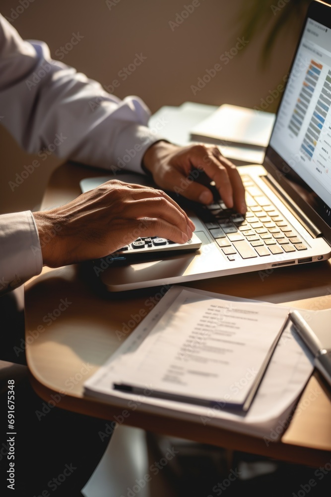 Wall mural A person typing on a laptop computer on a desk. Suitable for business and technology-related projects