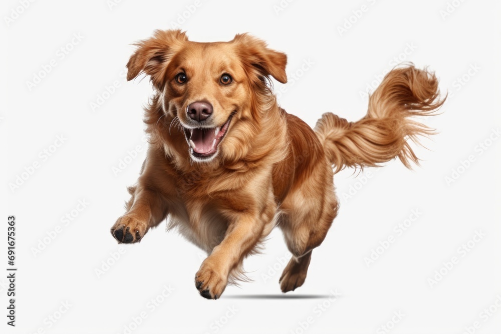 Poster a brown dog in motion, running across a plain white background. suitable for various uses
