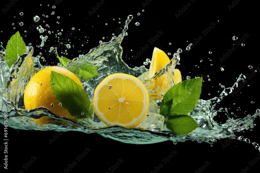 Poster lemons being dropped into a body of water, creating splashes. this image can be used to depict fresh