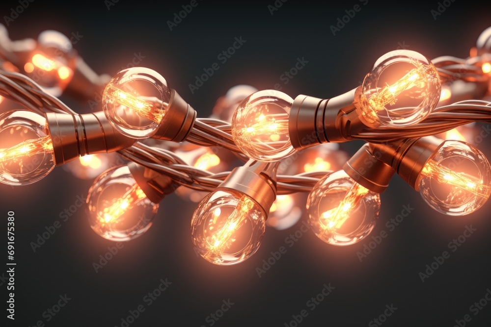 Poster A detailed view of a string of light bulbs. Perfect for adding a warm and cozy atmosphere to any space