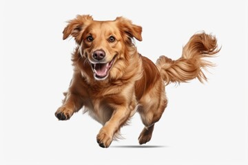 A brown dog in motion, running across a plain white background. Suitable for various uses - obrazy, fototapety, plakaty