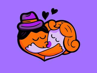Vector image of two hearts kissing and hugging Valentine's Day theme 