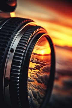 A close-up view of a camera lens with a beautiful sunset in the background. This image can be used to capture the essence of photography and the beauty of nature