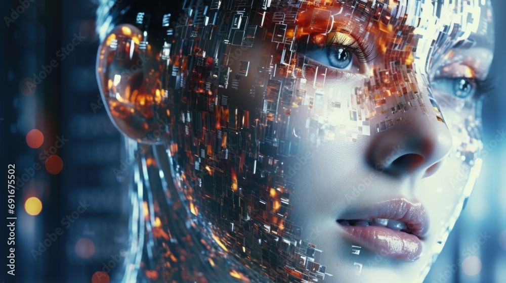 Aufkleber A close up of a person with a futuristic face. This image can be used to depict advanced technology or futuristic concepts.