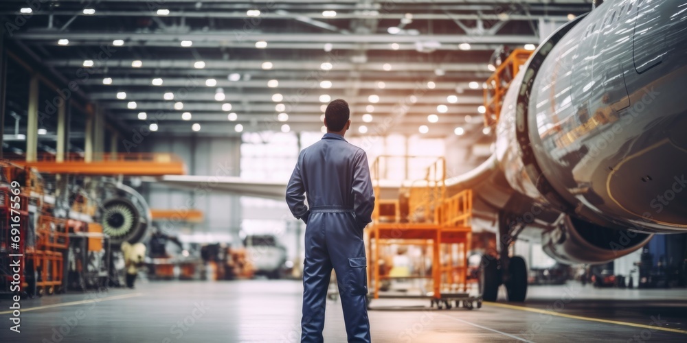 Poster a man standing in front of an airplane in a hangar. perfect for aviation enthusiasts or travel-relat