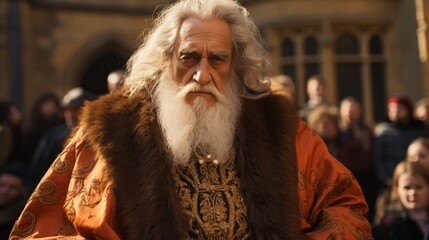 An elderly man with a lengthy white beard and a flowing coat.