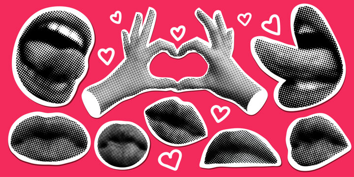 Retro halftone mouth and hands. Woman shows tongue. Heart hands. Kissing lips. Modern collage. Pop art dotted style. Valentines day design elements. Trendy vintage newspaper parts. Paper cutout