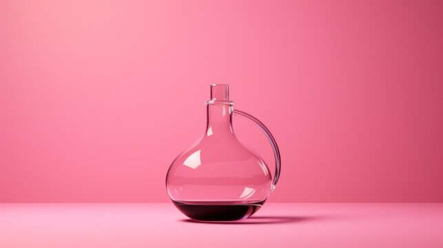  a glass bottle with a liquid inside of it on a pink surface with a shadow on the bottom of the bottle and a shadow on the bottom of the bottle.