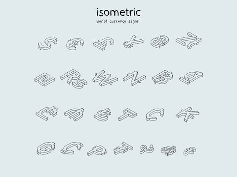 Hand drawn isometric currency signs of the world. Vector image.