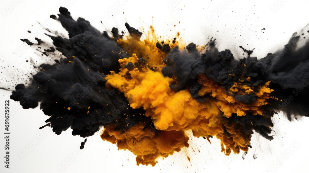 Poster a vibrant black and yellow smoke explosion captured on a clean white background. perfect for adding 