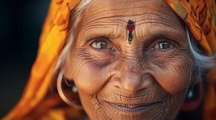 An elderly woman wearing a yellow sari on her head. - obrazy, fototapety, plakaty