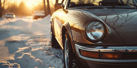 A close up view of a car covered in snow. This image can be used to depict winter weather conditions or as a background for automotive-related content - obrazy, fototapety, plakaty